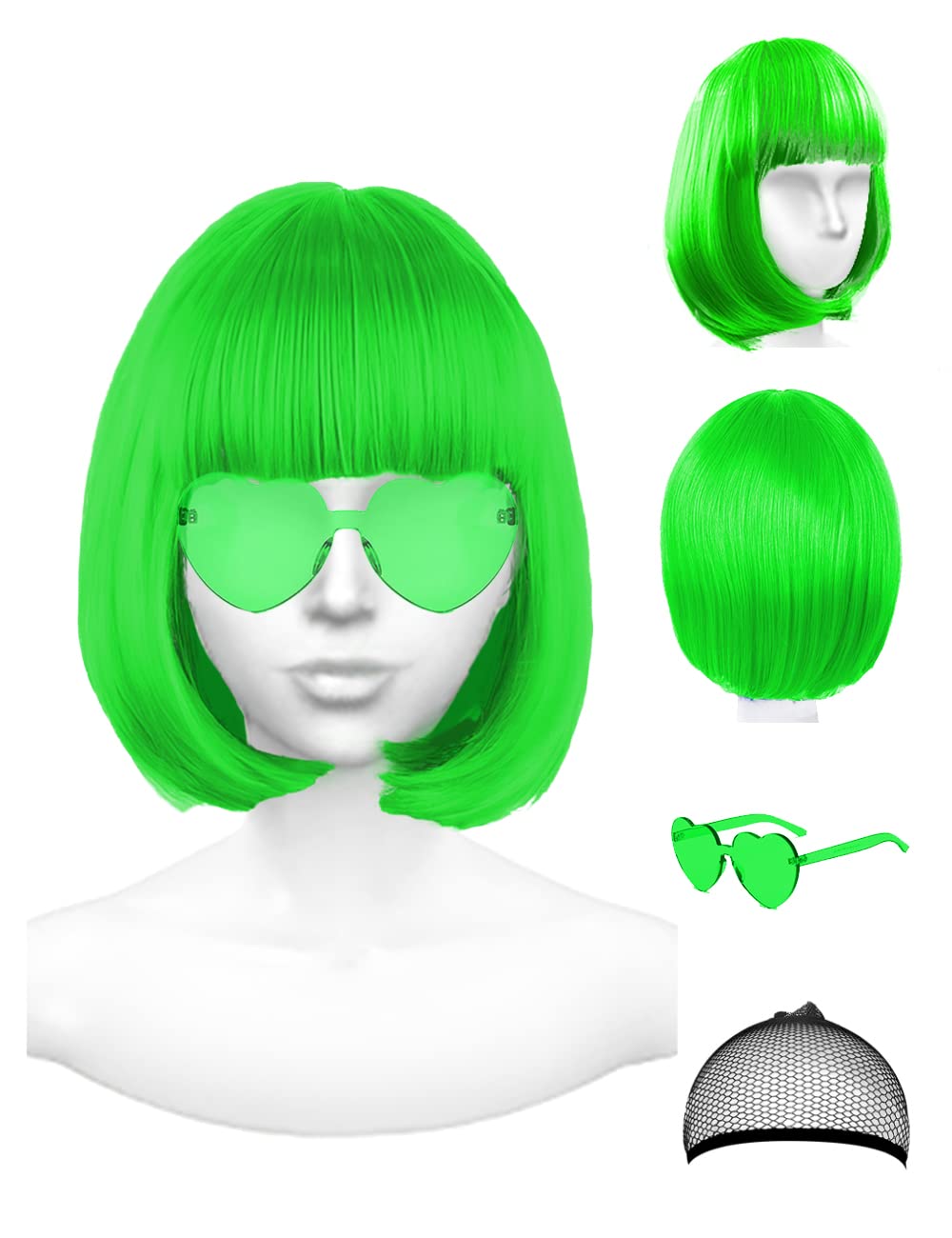 Plantureco Green Wig And Party Sunglasses, Green Wigs For Women, Neon Green Wig, Short Green Wig, Green Bob Wig, St Patricks Day