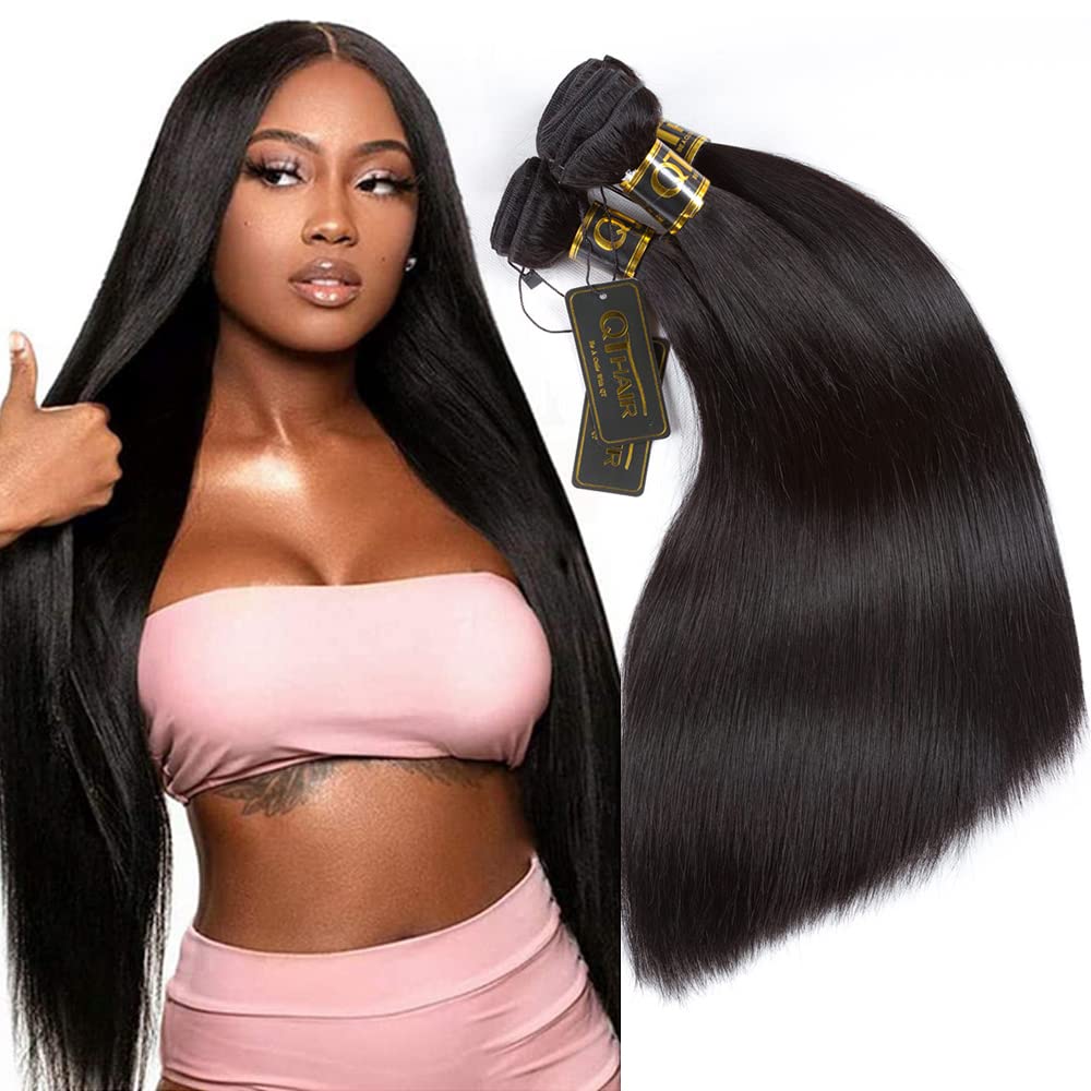 Qthair 14A Brazilian Virgin Hair Straight Human Hair(20'' 22'' 24'' 26'',400G,Natural Black) 100% Unprocessed Straight Brazilian