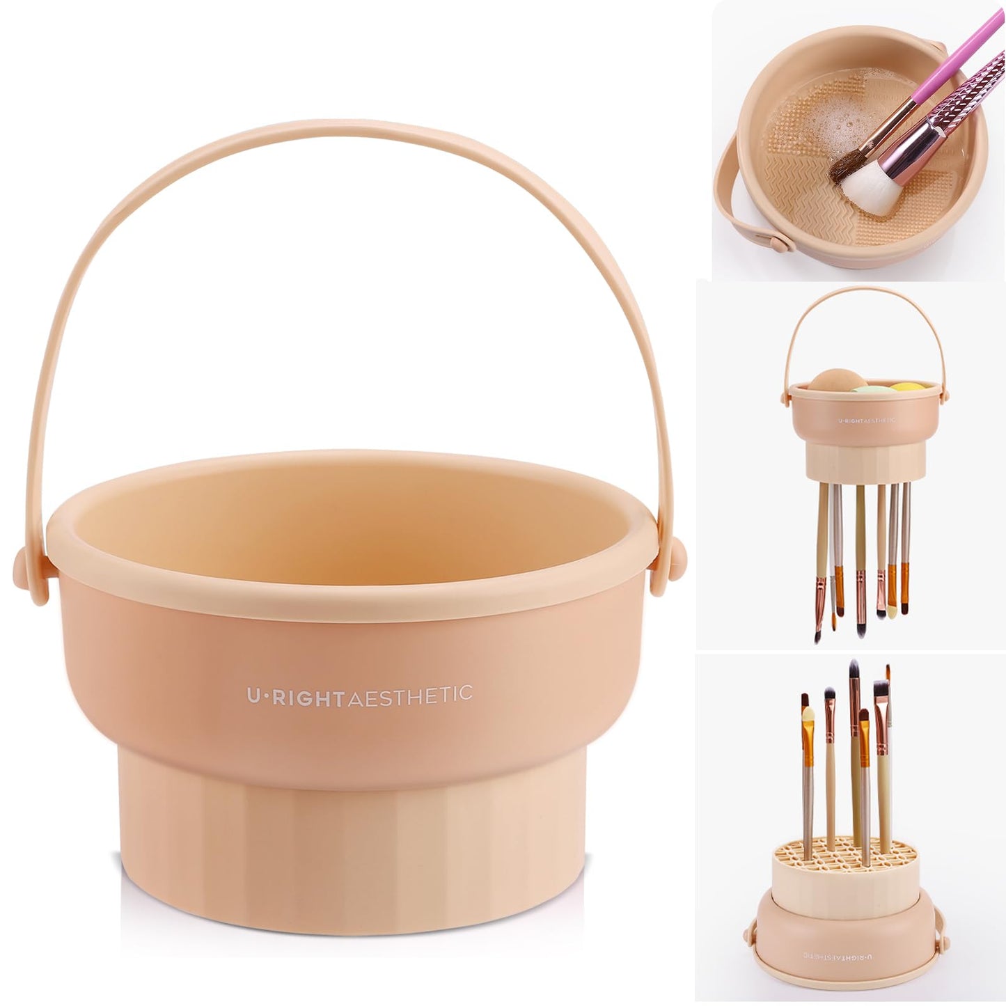GOLIKEE Makeup Brush Cleaner Mat 3 in 1 Silicone Makeup Brush Cleaner Bowl Cosmetic Brushes Cleaning Tool Organizer for Storage and Air Drying(Khkai