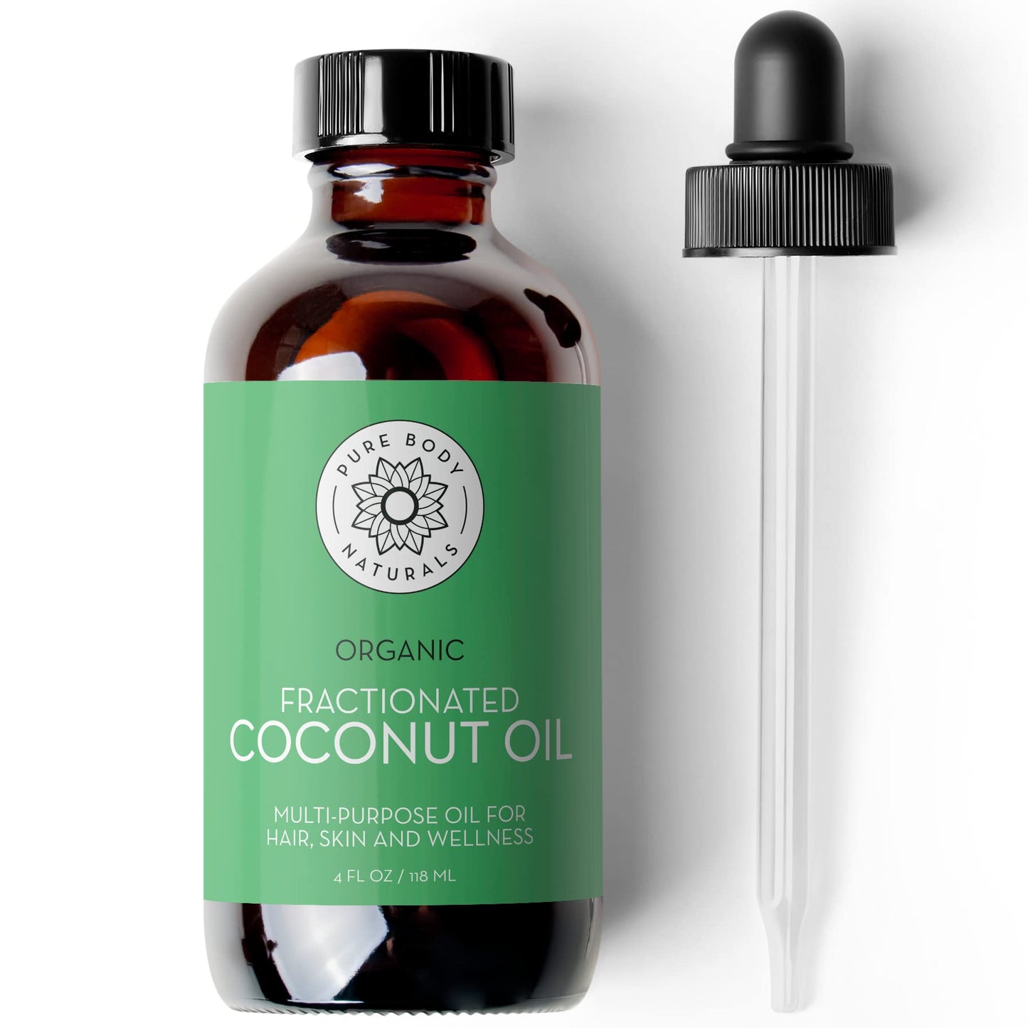 Pure Body Naturals Organic Fractionated Coconut Oil For Skin And Hair, 4 Fl Oz - Liquid Carrier Oil For Diluting Essential Oils,