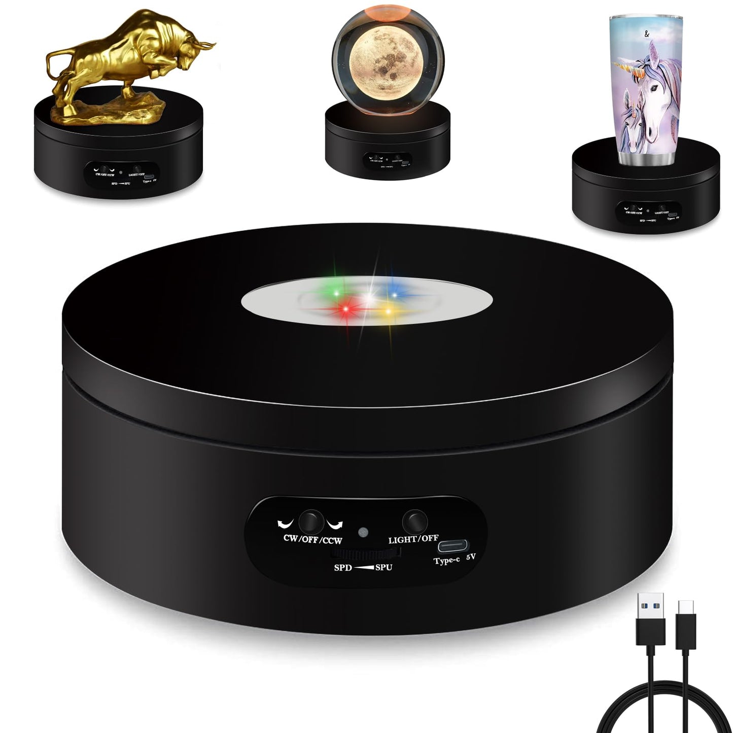 YVV LED Rotating Display Stand, Lighted Base-Crystal Glass Art, 360 Degree Automatic Mute Rotating Turntable, Motorized Display Stand with Colorful Lights, Tumbler Supplies Spinner 4.72in