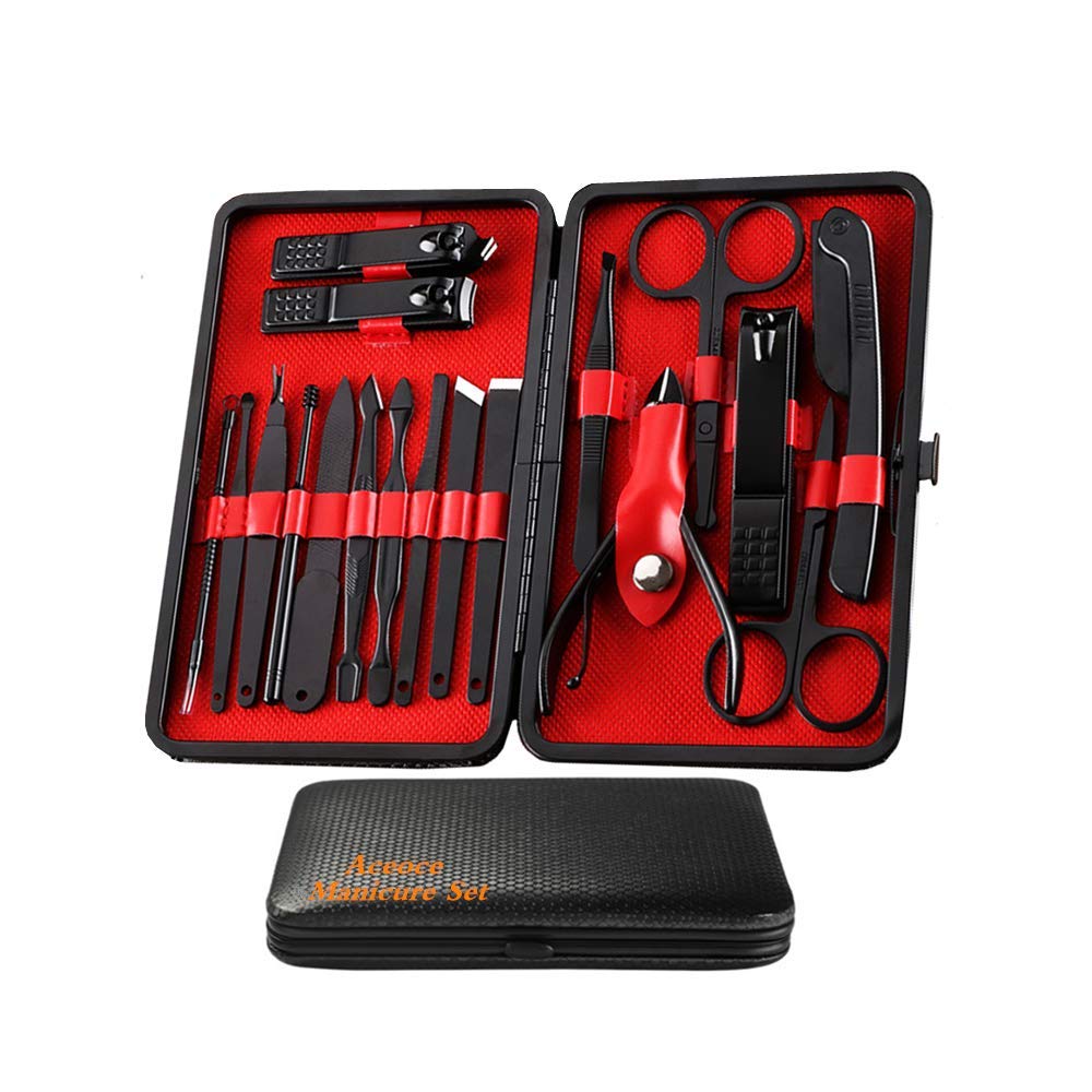 Manicure Set Men, Manicure Set Professional 18 Pcs Mens Grooming Kits Aceoce Stainless Steel Nail Care Tools With Luxurious Trav