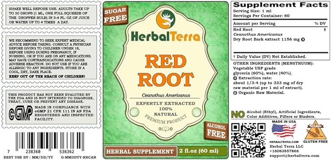 Red Root (Ceanothus Americanus) Glycerite, Dried Root Bark Alcohol-Free Liquid Extract 2 oz