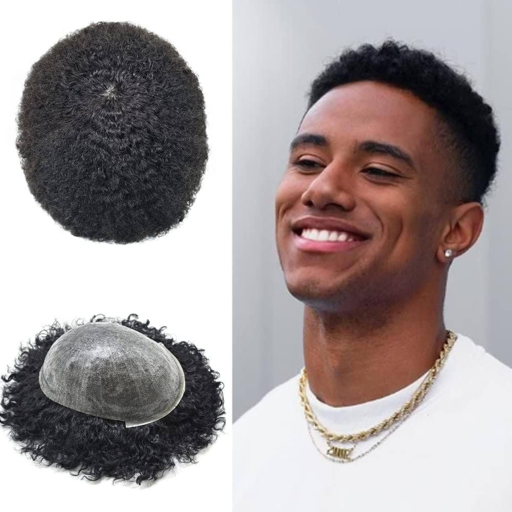 Singa Hair Afro Toupee For Black Men Curly Weave Brazilian Hair System All Pu Injection Hair Unit For Black Men (1B# Natural Bla