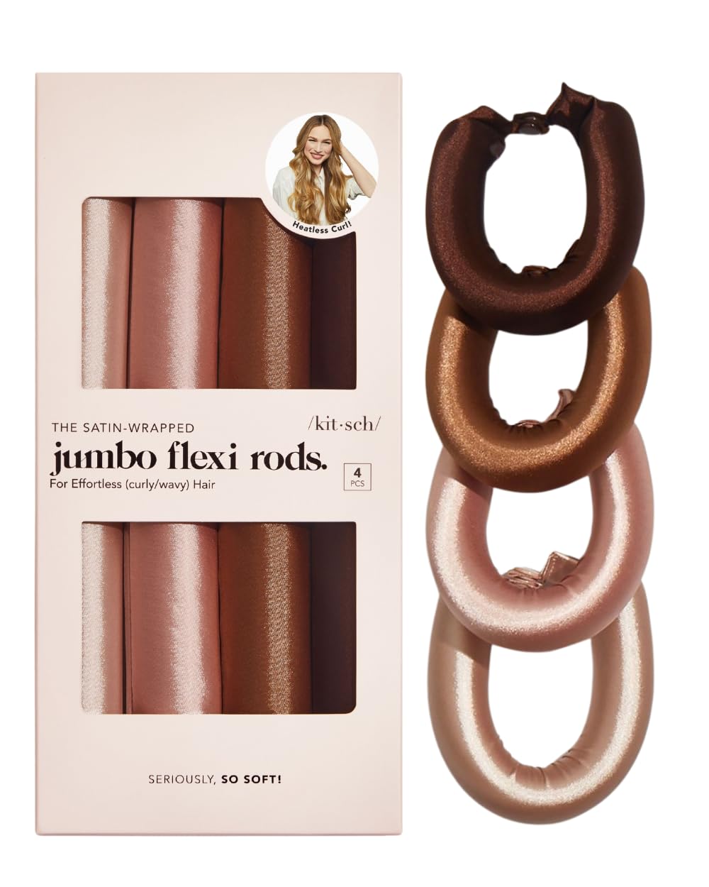 Kitsch Jumbo Heatless Hair Curler For Overnight Curls - 4 Pcs Xl Satin Flexi Rods For Heatless Curls, Overnight Blowout Rods, No