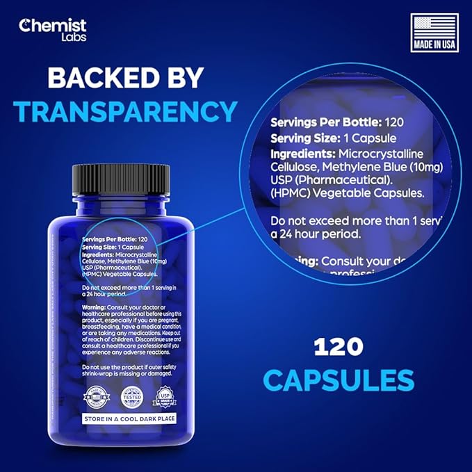 Methylene Blue Capsules – 99% USP Grade – High-Purity Antioxidant Supplement – Supports Mitochondrial Function, Cellular Energy & Mental Clarity – 120 Veggie Caps – Made in USA ml