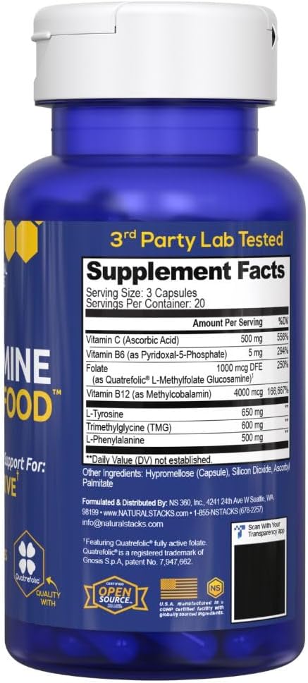 NATURAL STACKS Dopamine Brain Food - 650mg L-Tyrosine Supplement - Dopamine Supplement for Focus & Mental Drive - Supports Mental Energy - Neurotransmitter Support with B Vitamins - 120 Capsules