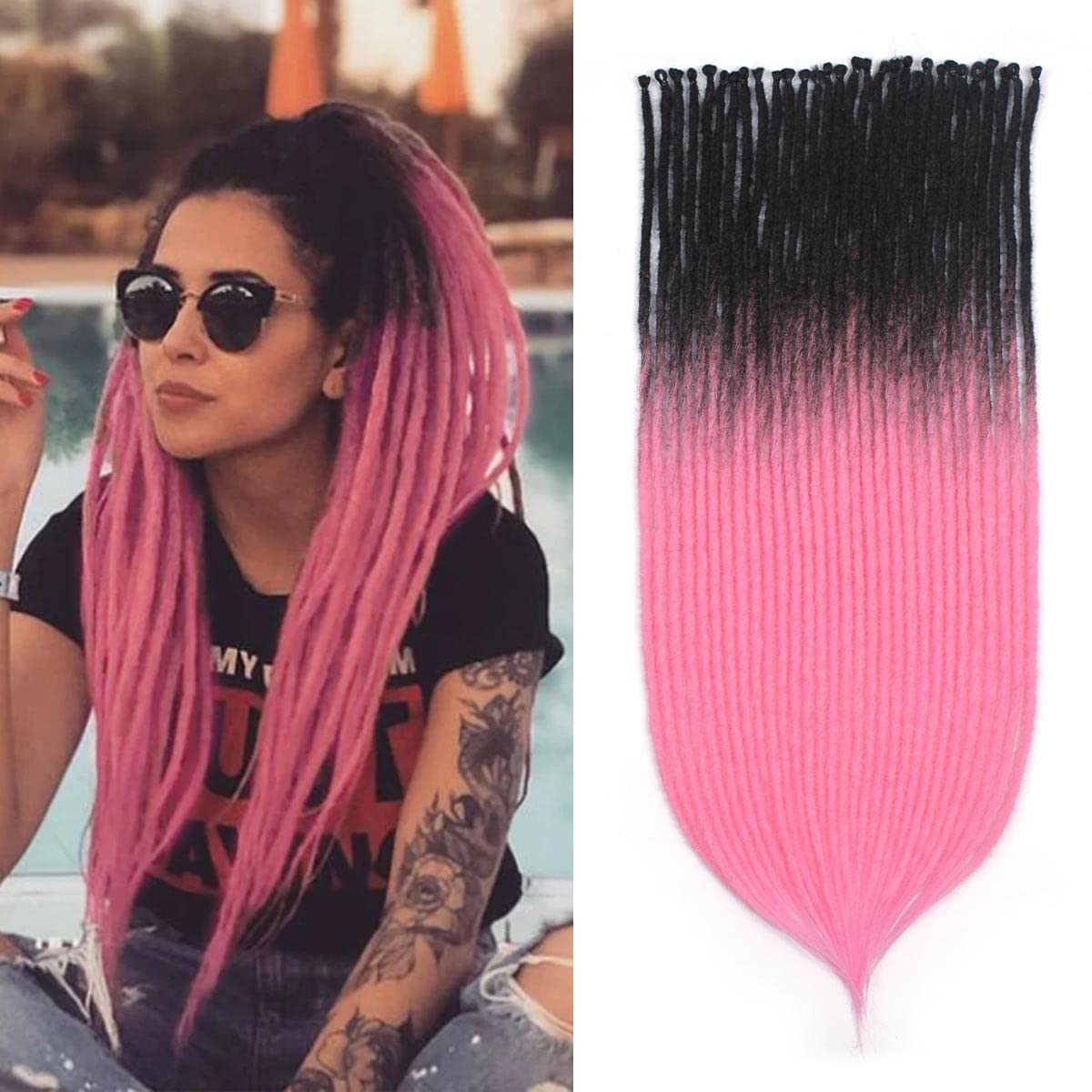 Sangtok 24 Inch 30 Pcs Ombre Bright Pink Dreadlock Extensions, Single Ended Thin 0.6Cm Dreads Extensions, Synthetic Dreadlock Ex