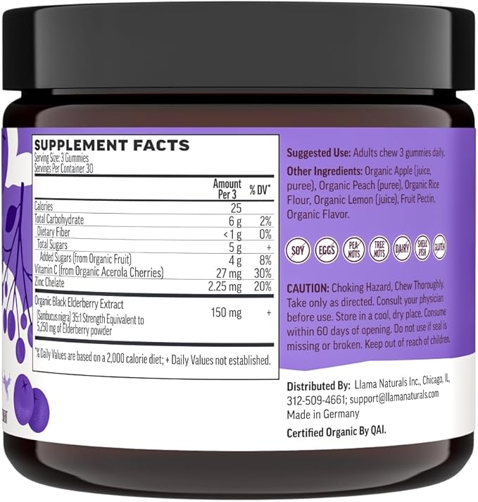 Llama Naturals Elderberry Gummies for Adults, Vegan, Organic Immune Support Supplement with Vitamin C and Zinc, Real Fruit Gummy Vitamins for Immunity, Chewable, No Added Sugar Cane, 90 Ct