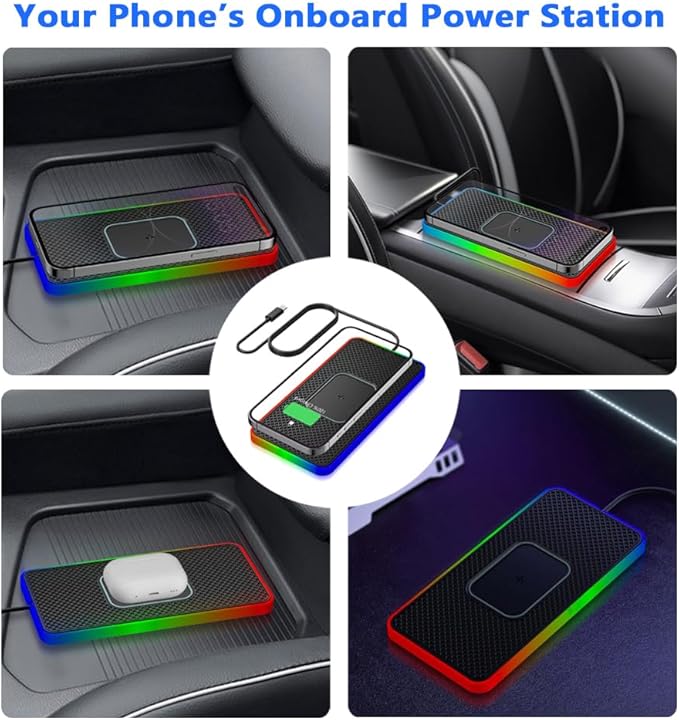 Cordless Car Charging Pad for GMC Sierra HD 2013 2014 2015 2016 2017, 5W/7.5W/10W/15W/20W Charging, Trim-to-Fit Non-Slip Phone Charging Mat with 8 Ambient Light Modes, 100cm Cable,A USB