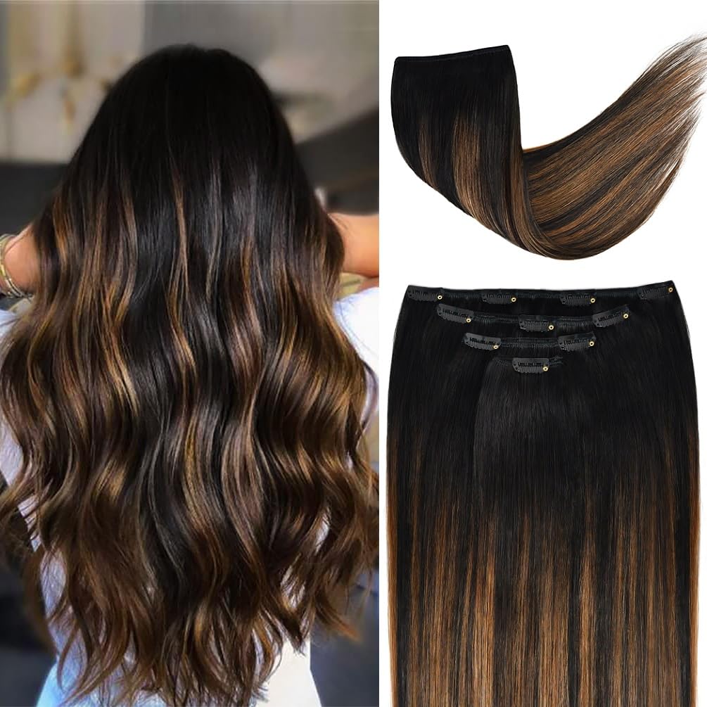 18'' Hair Extensions Balayage Clip In Human Hair For Women - Silky Straight Natural Black To Chestnut Brown Highlight Black Ombr