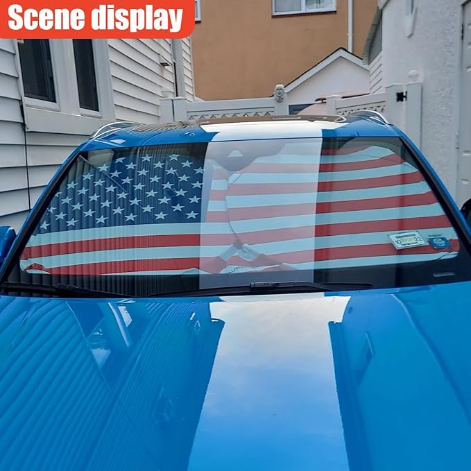 American Flag Car Windshield Sun Shade, Foldable Car Front Window Sunshade for Cars SUV Truck, Auto Interior Sun Protection Cover, Blocks UV Rays & Keeps Your Vehicle Cool (Red, M)