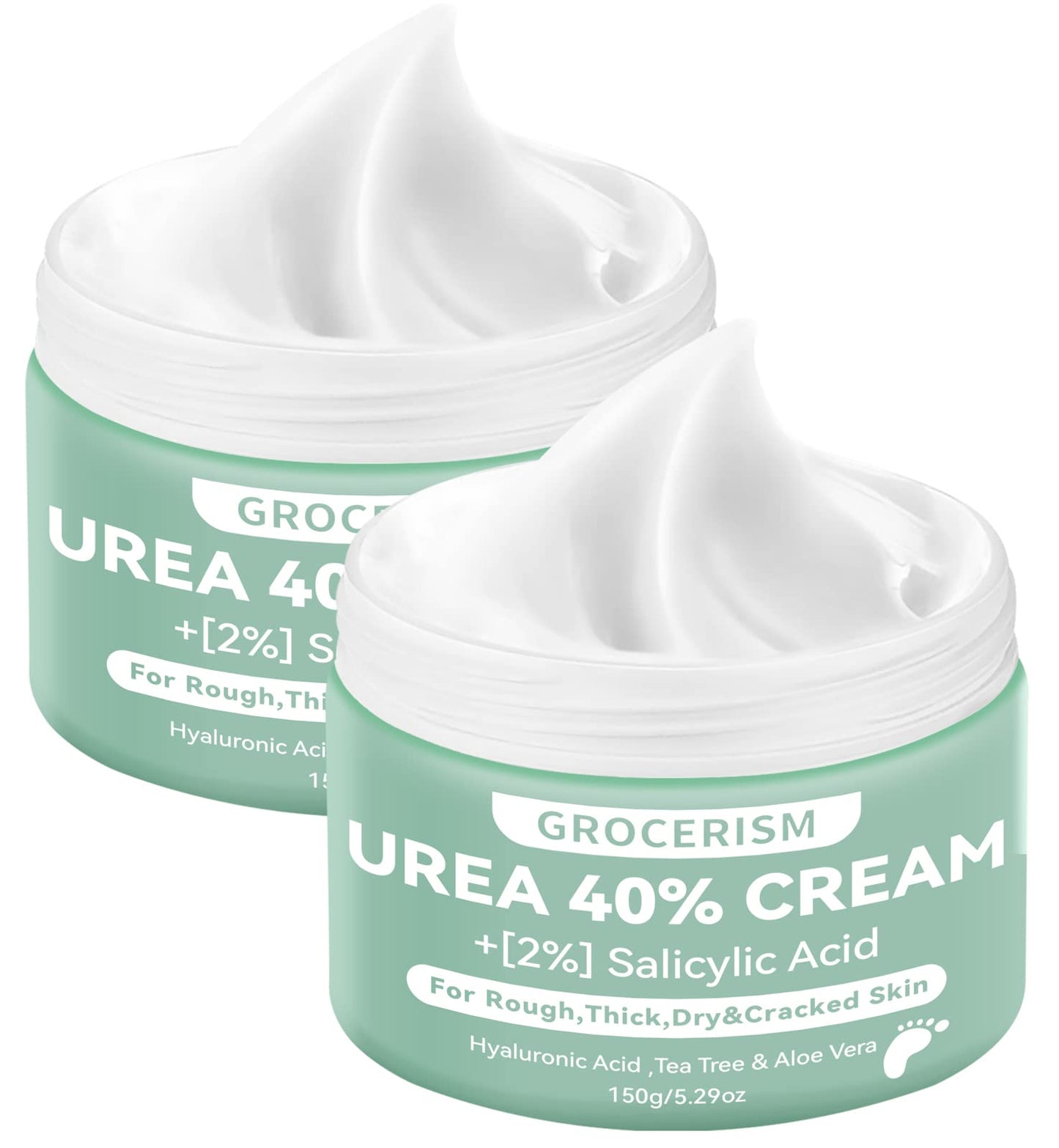 Grocerism 2 Packs Urea Cream 40% Plus 2% Salicylic Acid 5.30 Oz || Foot Cream Maximum Strength With Hyaluronic Acid, Tea Tree, A