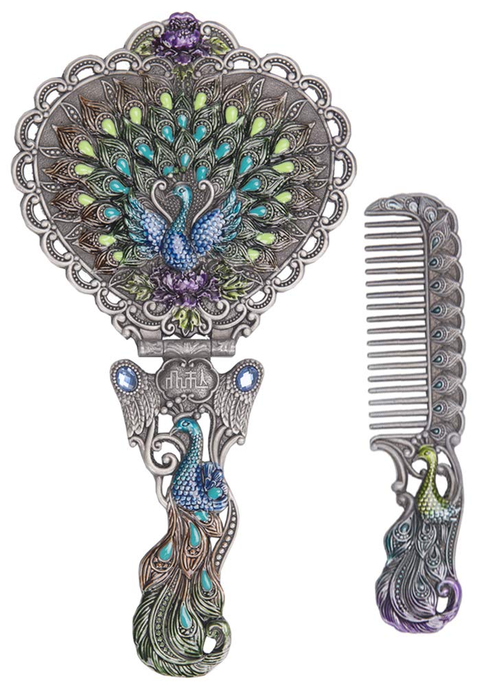 Nerien Vintage Peacock Metal Mirror Comb Set Antique Heart-Shaped Handheld Vanity Mirror Comb Set Antique Pewter