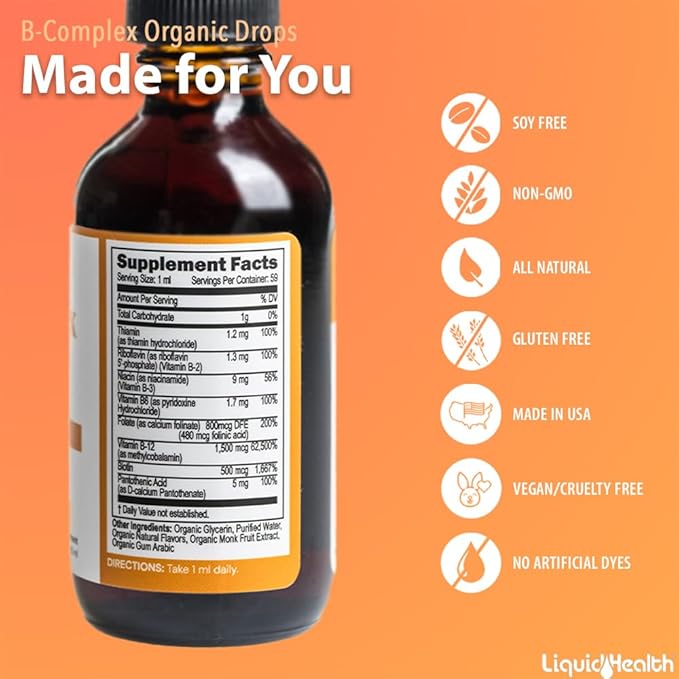 LIQUIDHEALTH USDA Organic Vitamin B Complex Drops for Men & Women - Natural Energy, Improved Focus, Memory & Mood, Immune Support, Metabolism Boost - USA Made, Extra Strength, No Sugar, Vegan (3 Pack)