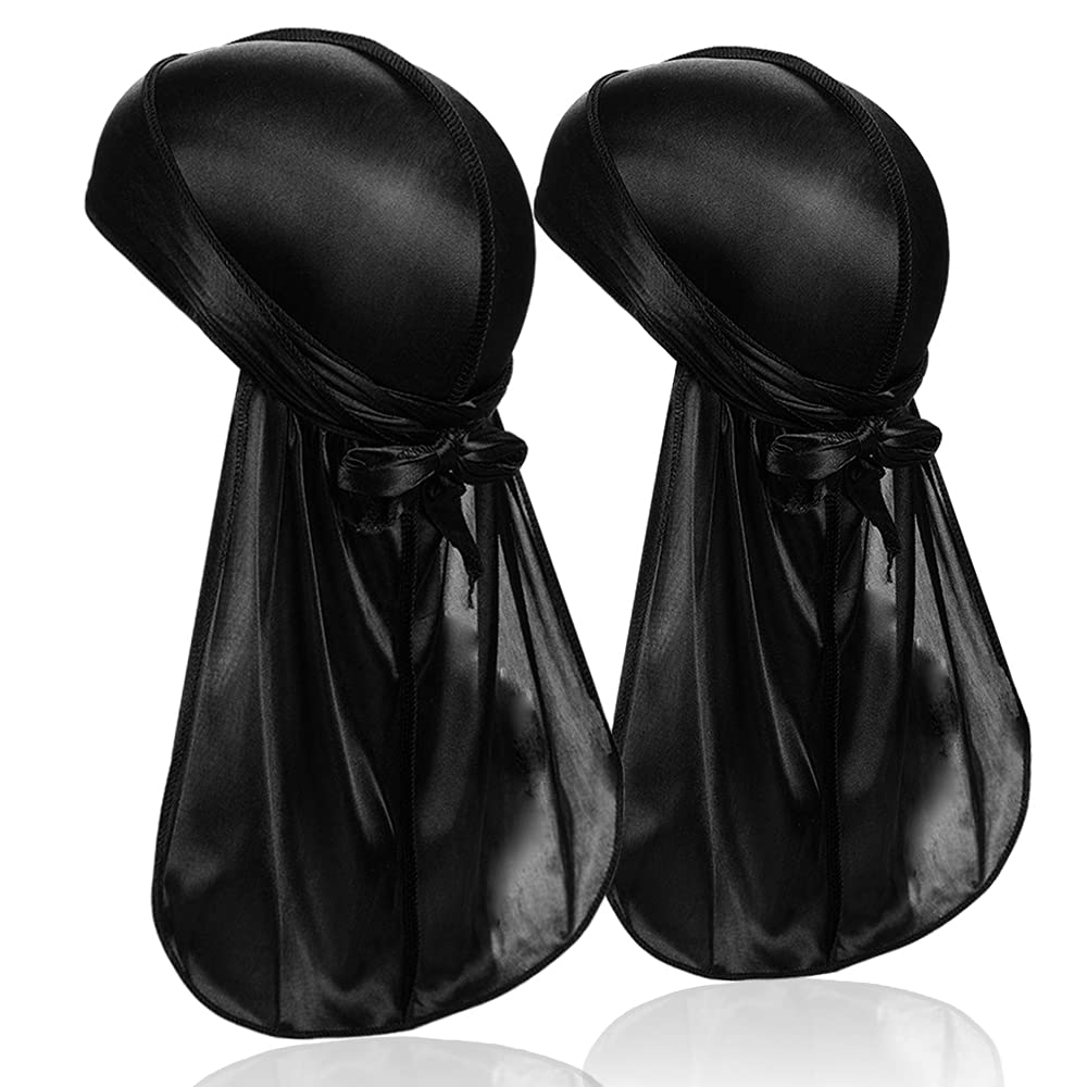 Dackrito 2 Pieces Silky Durag Pack For Men Women, Premium Satin Doo Rag Headwrap With Long Tail For 360 Waves