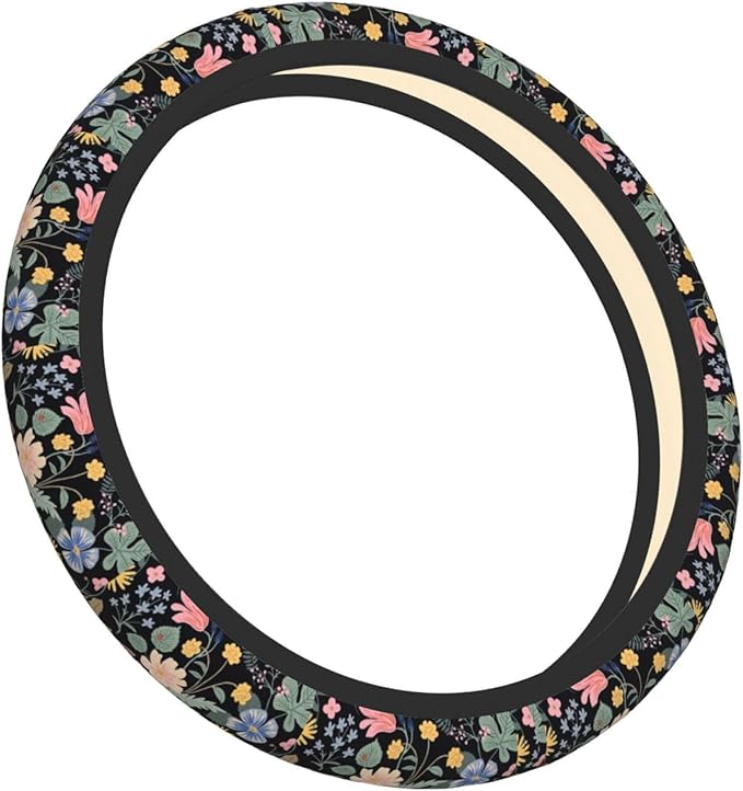 Flowers and Strawberries Steering Wheel Cover for Men Women Universal Car Accessories 15 Inch Neoprene Auto Interior Decor