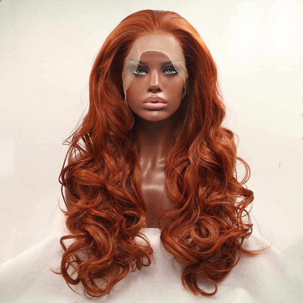Xiweiya Wig Long Copper Red Lace Front Wig Wavy Brown Red Synthetic 13 * 4 Lace Front Wig Heat Resistant Fiber Natural Hairline