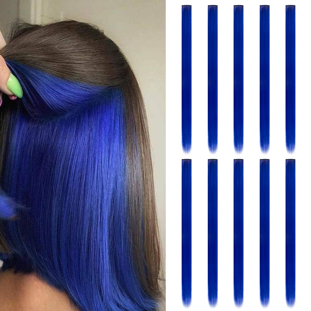 20 Inch Colored Clip In Hair Extensions 10Pcs Straight Hair Synthetic Hairpieces For Party Highlight Blue