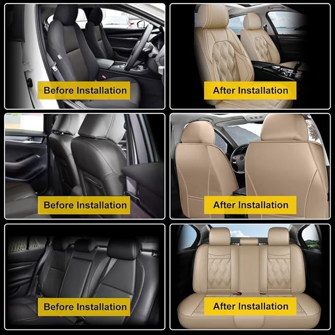 AOMSAZTO Car Seat Covers,Full Set 5 Seats Custom Fit for Ford Edge 2007-2026,Leather Carseat Automotive Cushion Covers Seat Protector,Airbag Compatible Waterproof Beige