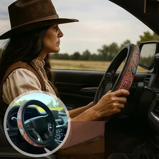 Western Steering Wheel Cover,Retro Western Cowboy Car Universal Steering Wheel Cover,Embossed Hand-Painted Leather Western Car Accessories, for Women Man, Anti-Slip Design Easy to Install (C)