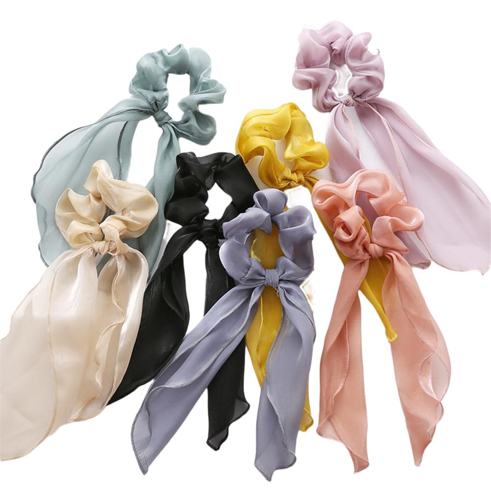Lovef 5Pcs Women'S Solid Colors Rabbit Ear Hair Bow Tie Bands Ponytail Holder Long Scrunchies Hair Accessories