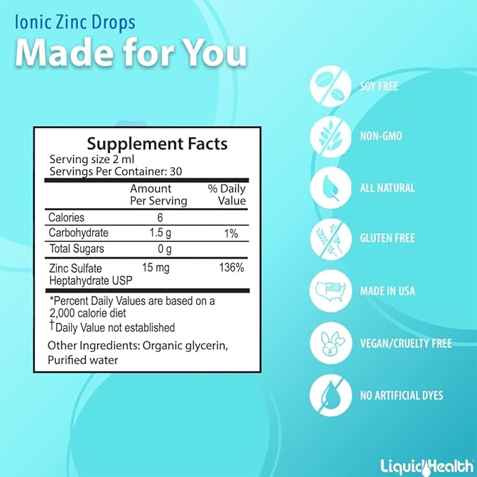 LIQUIDHEALTH USDA Organic Ionic Zinc High Potency Drops - Trace Mineral Liquid Vitamin Supplement for Adults & Kids - Immune & Digestive Support, Skin & Wound Health - USA Made, Vegan, Non-GMO (2 oz)