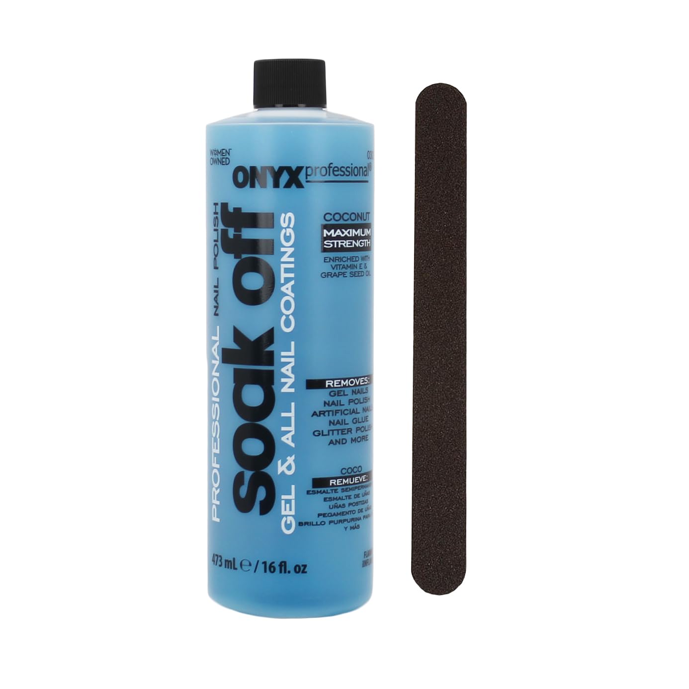 Onyx Professional Coconut Scented Nail Polish Remover With Nail File, 16 Oz, Maximum Strength Soak Off Gel Polish Remover, Vitam