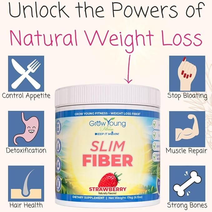 Grow Young Fitness Slim Fiber Supplement - Strawberry Fiber Powder for Digestive Support and Managing Cravings (1 Container, 30 Servings)