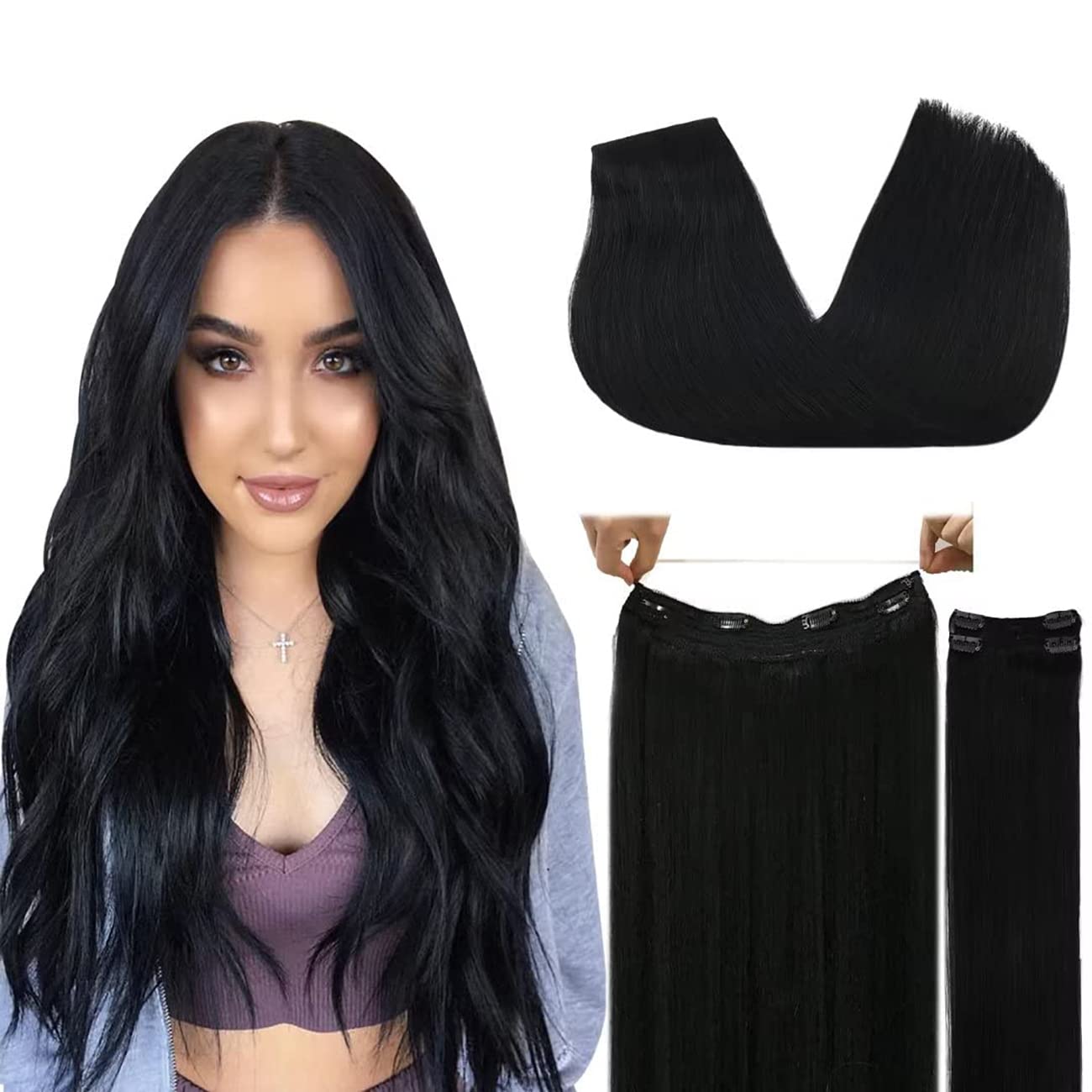 Doores Human Hair Extensions, 22 Inch 150G Wire Hair Extensions Jet Black, Hair Extensions Invisible Line Natural Straight Wire