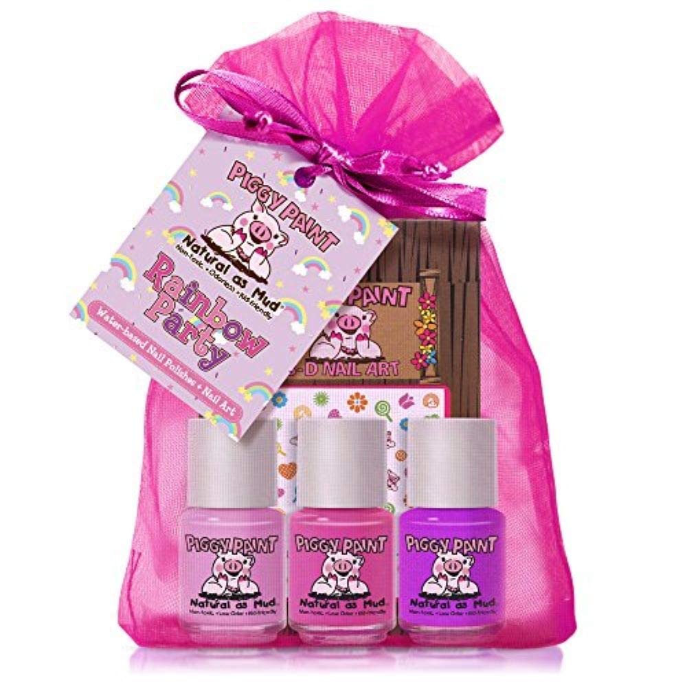 Piggy Paint | 100% Non-Toxic Girls Nail Polish | Safe, Cruelty-Free, Vegan, & Low Odor For Kids | Rainbow Party (3 Polish + Nail