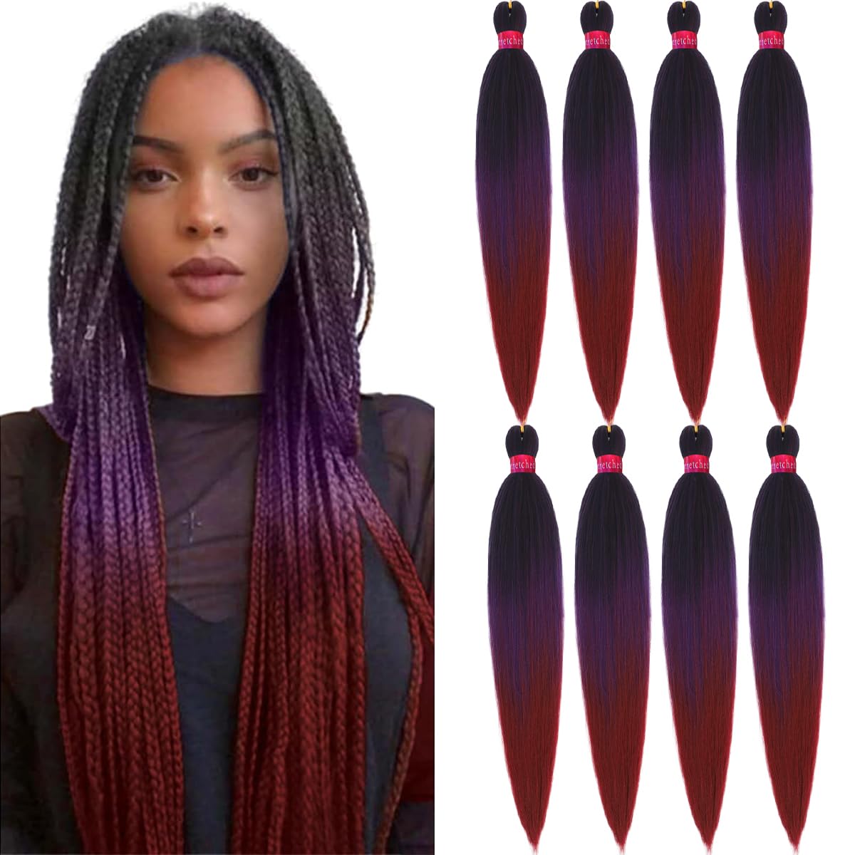 Fayeta Ombre Pre Stretched Braiding Hair, 28''-8 Packs Silky Color Blend Braid Hair Extensions, 100% Kanekalon Synthetic Crochet
