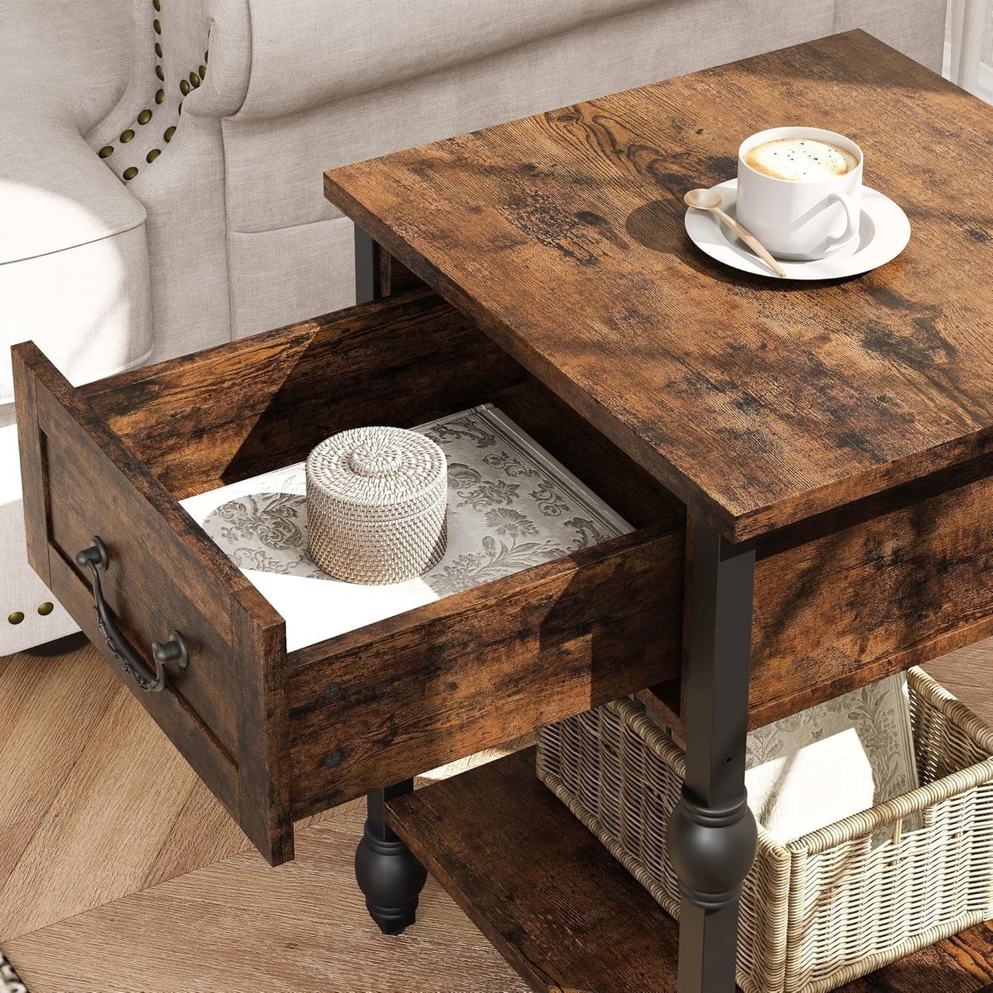 End Table, Industrial Side Table with Drawer and Storage Shelf, Metal Frame Nightstand with Wooden Top, Space Saving Console Table for Living Room, Bedroom, Office, Vintage