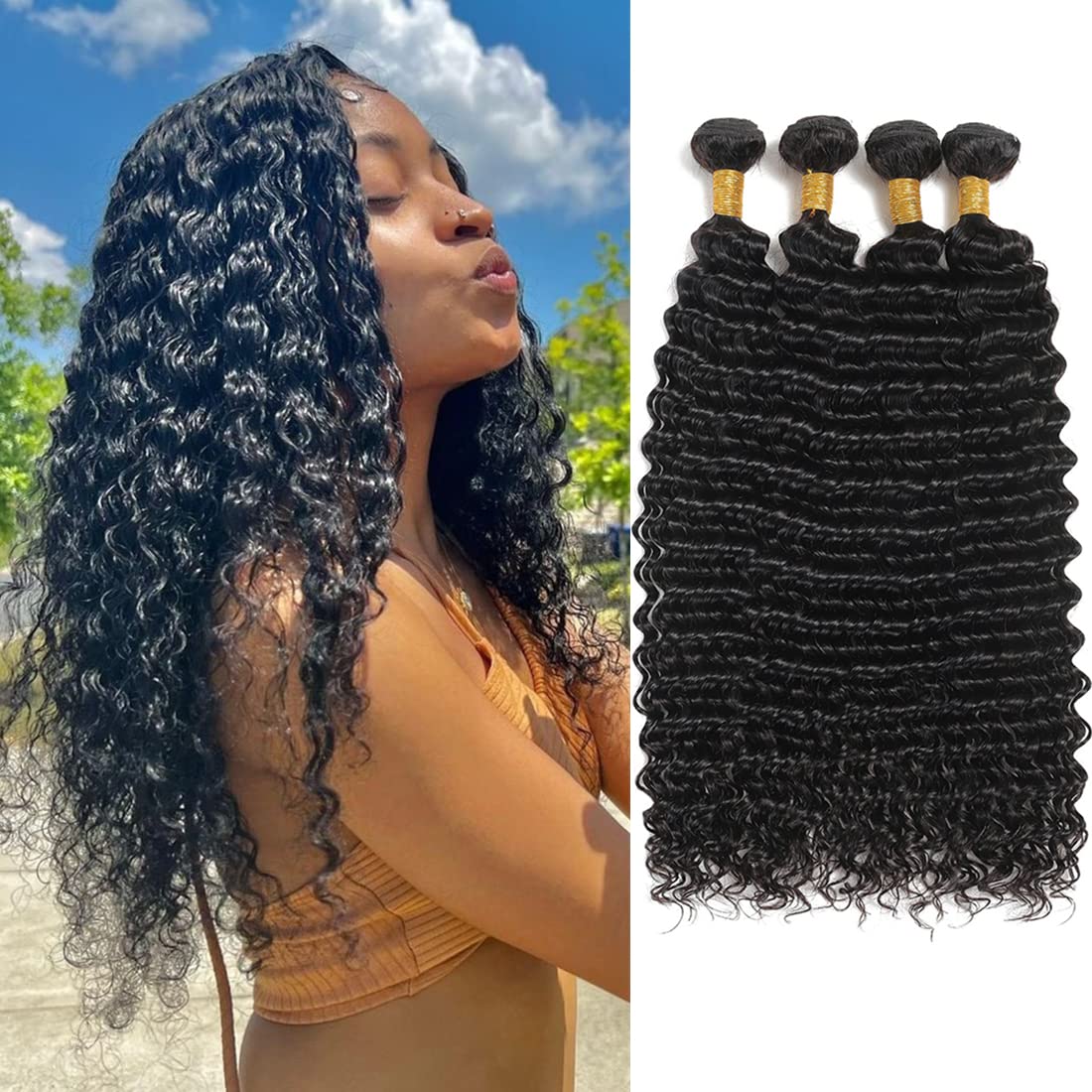 Deep Wave Bundles Human Hair 14 16 18 20 Inch Curly 4 Bundles 100% Unprocessed Brazilian Virgin Remy Hair Deep Curly Bundles Hum