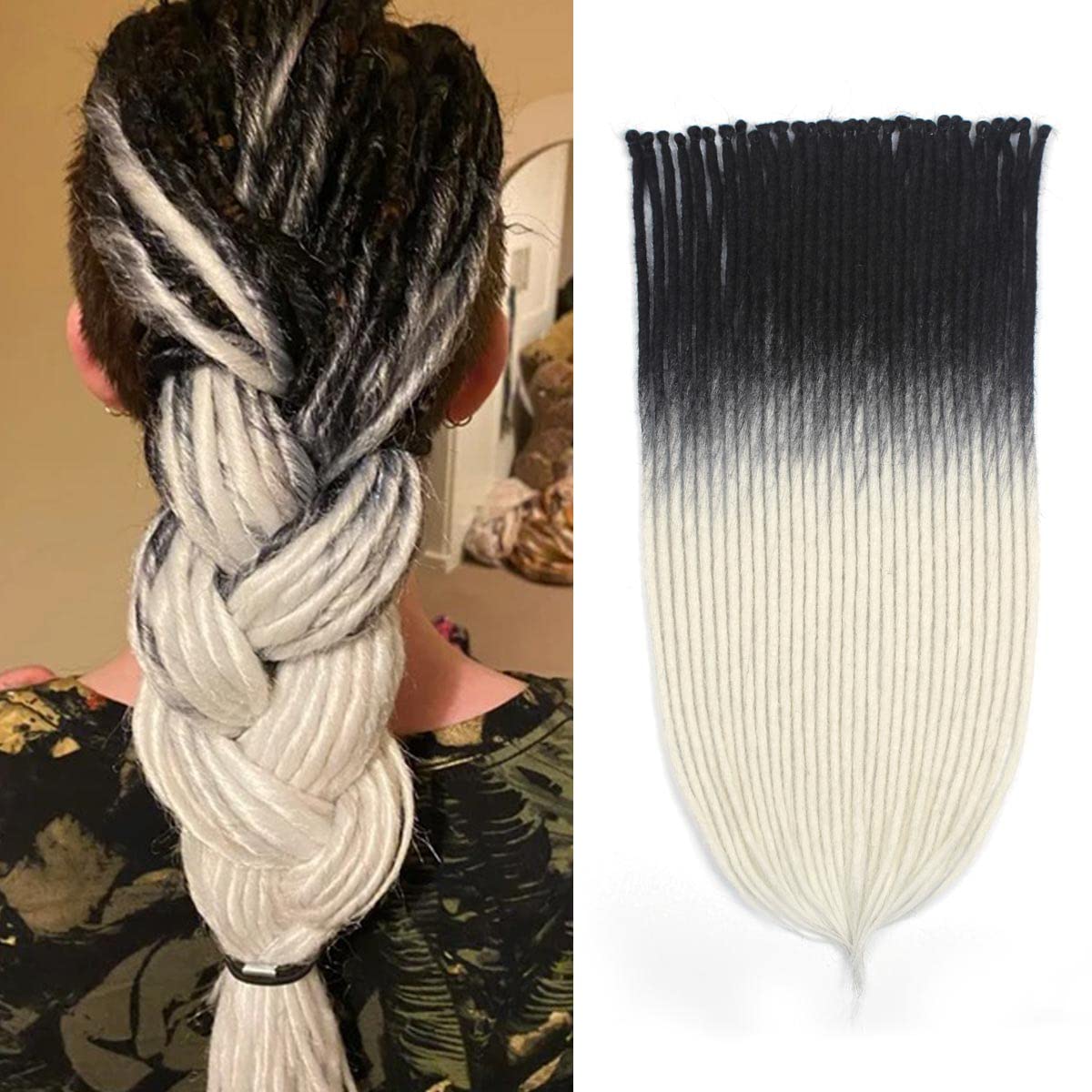 Sangtok 24 Inch 30 Pcs Dreadlock Extensions Single Ended, Black To White Thin 0.6Cm Dreads Extensions, Synthetic Dreadlock Exten