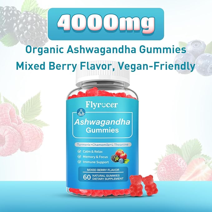 Ashwagandha Gummies, Organic Ashwa Root Extract Supplement for Women & Men, Vegan, Gluten-Free, Mixed Berry Flavor, 60 Count