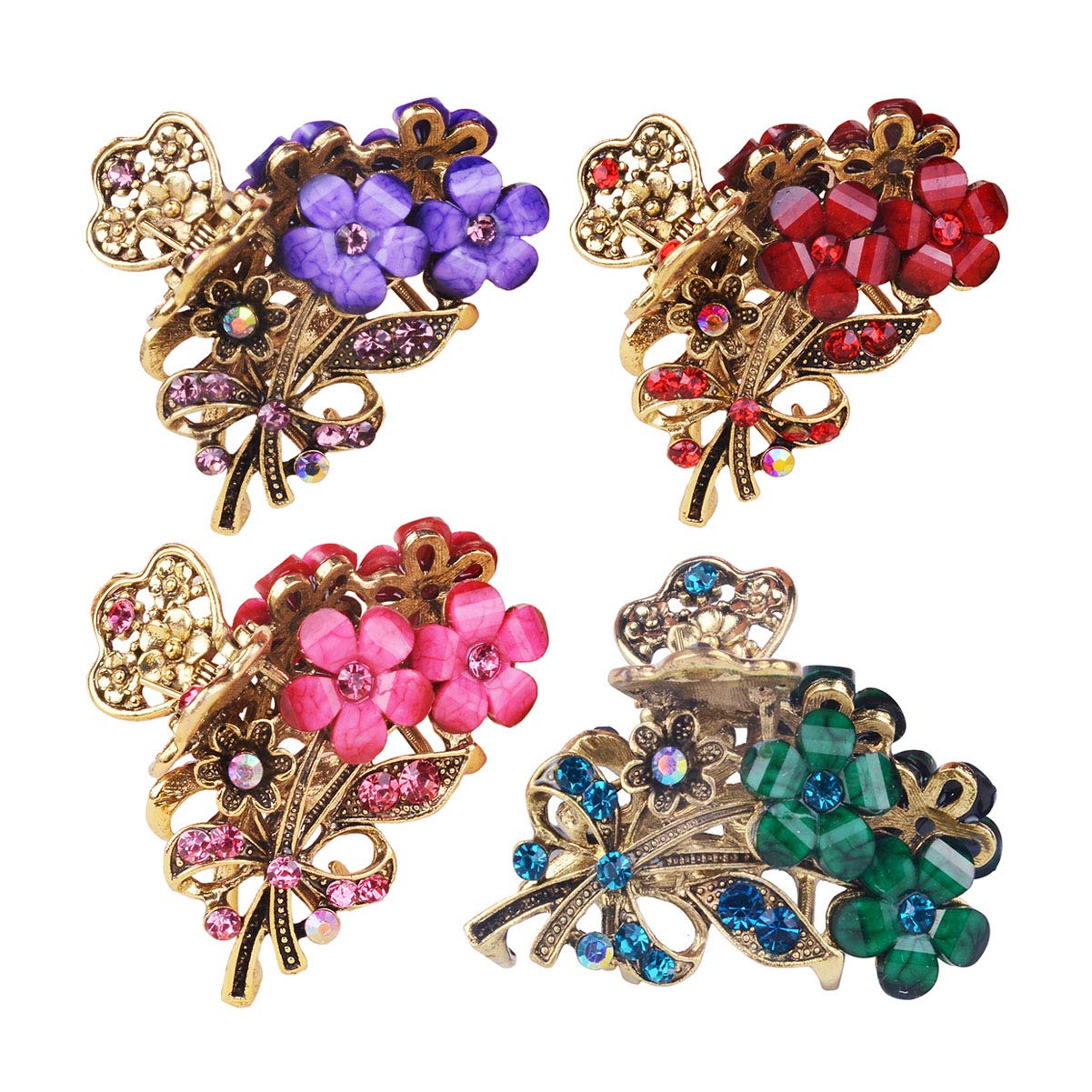 Numblartd 4 Pcs Vintage Flowers Medium Size Fancy Hair Claw Jaw Clips Pins With Rhinestone - Women Chic Metal Alloy Hair Clamp H