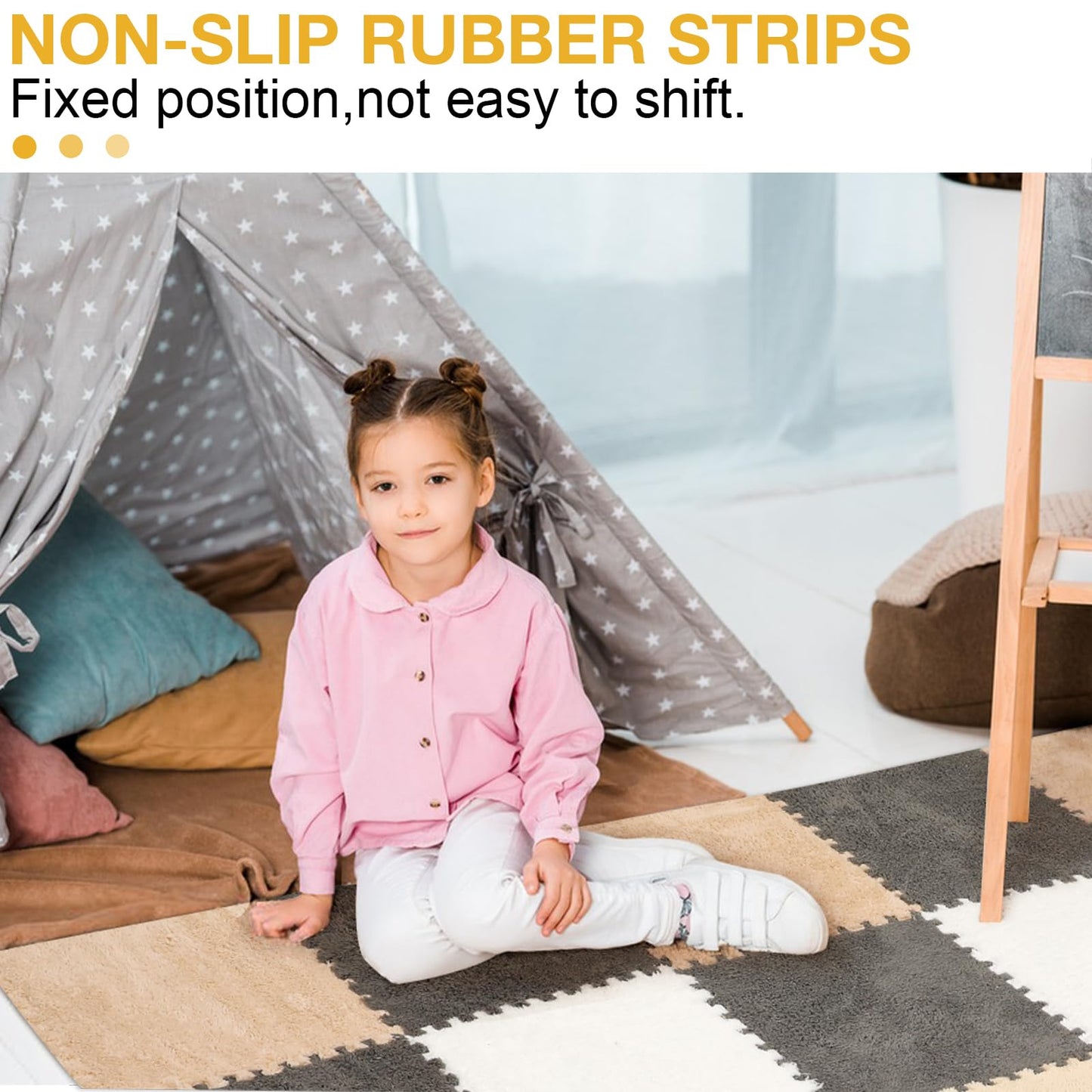 12 Pcs Plush Interlocking Carpet Tiles,Non-Toxic Foam Carpet Tiles for Toddler Baby,Machine-Washable,Anti-Slip,EVA Foam Interlocking Tiles for Floor, Nursery, Grey White Light Brown