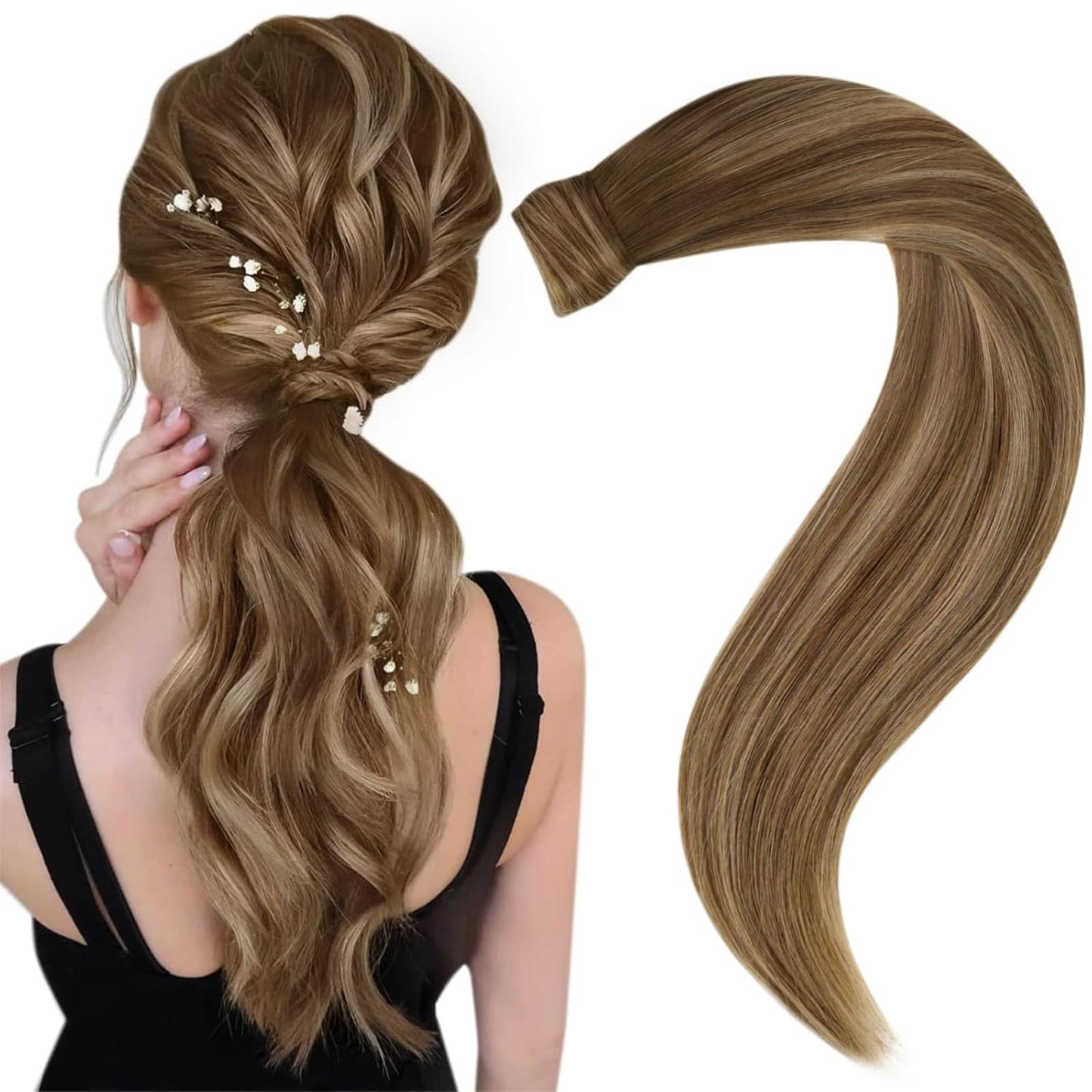 Easyouth Pony Tails Hair Extensions Human Hair Ombre Ponytail Hair Extensions Medium Brown Balayage Honey Blonde Ponytail Extens