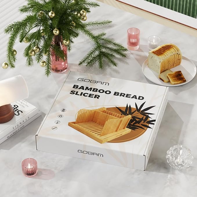 Gobam Adjustable Bamboo Bread Slicer, Fits Bread up to 6.4βH & 10βW, Extra-Large & Tall Design for Sourdough & Homemade Loaves, 3 Thickness Settings, Crumb Tray, Foldable, Ideal Gift for Bread Lovers