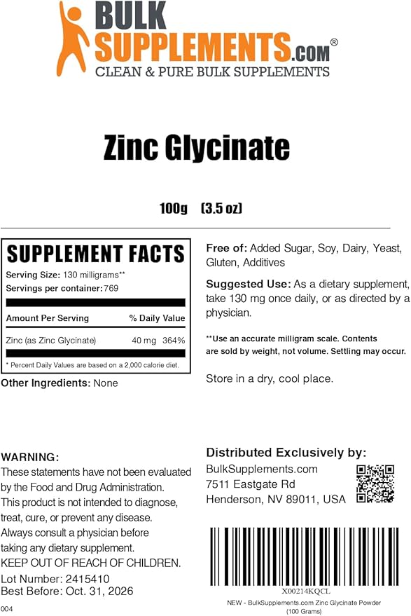 BulkSupplements.com Zinc Glycinate Powder - Zinc Supplement, for Immune Support - Gluten Free, 130mg per Serving, 100g (3.5 oz) (Pack of 1)