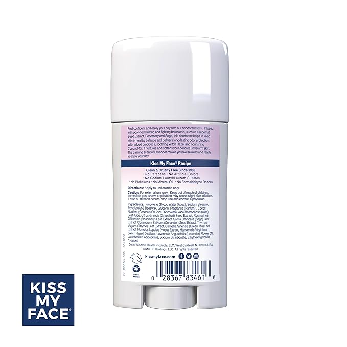 Kiss My Face Active Life Deodorant Contains Naturally Derived Ingredients, 72 Hour Odor Control | Deodorant for Women and Men, Aluminum Free with Coconut Oil and Probiotics, Lavender Scent, 3 pack