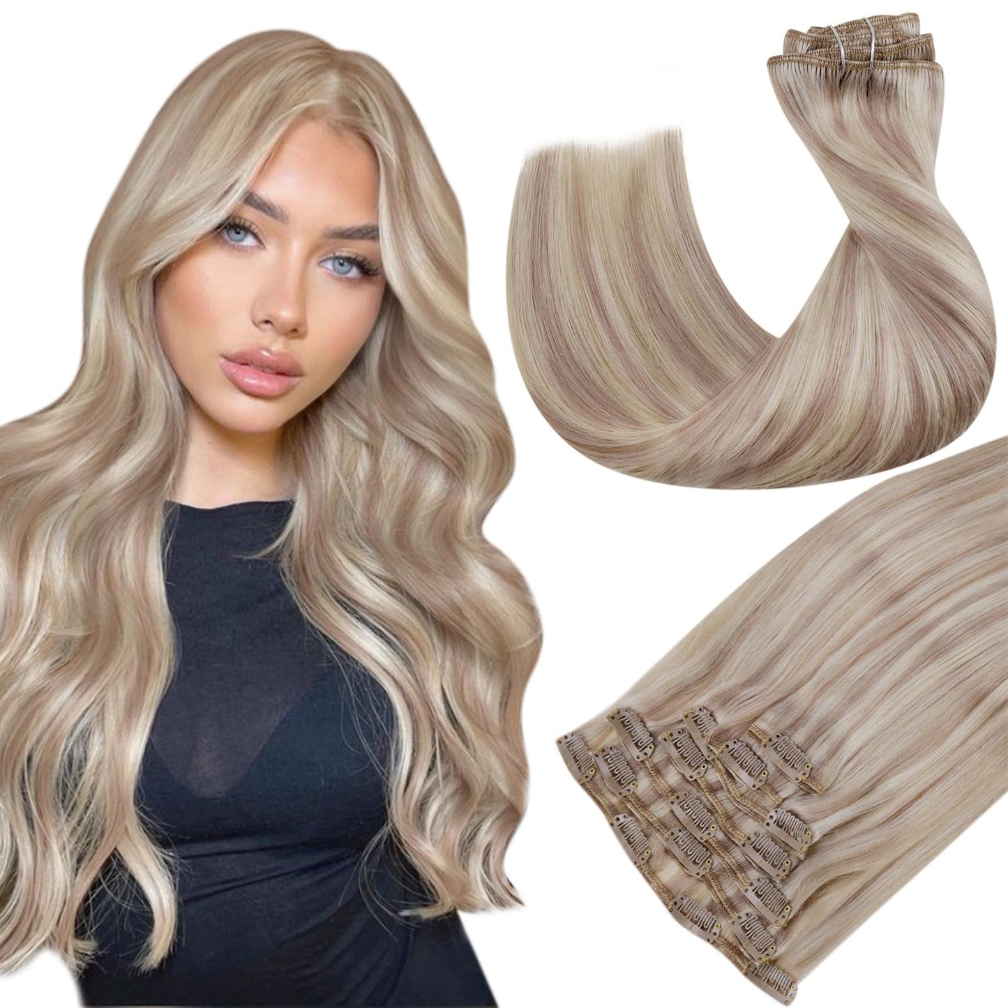 Hetto Clip In Hair Extensions Real Human Hair #18/613 Ash Blonde Highlighted Bleach Blonde Clip In Hair Extensions 7 Pieces Huma