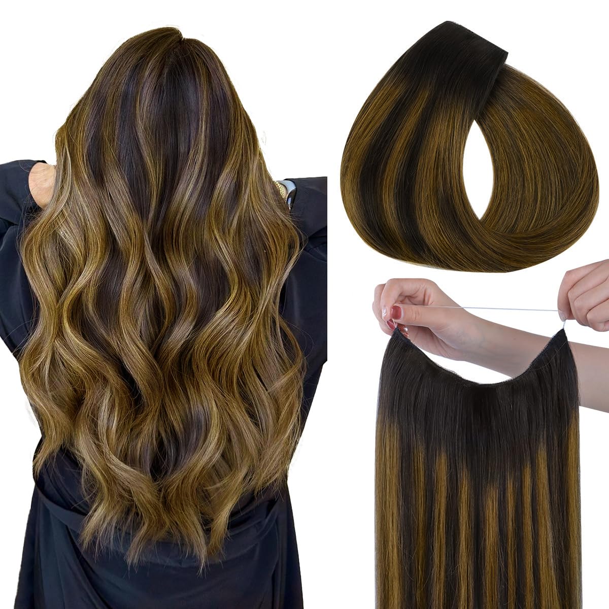 Hotbanana Wire Hair Extensions, 16 Inch 95G Dark Brown To Golden Brown Fish Line Real Human Hair Straight Invisible Remy Hair Ex