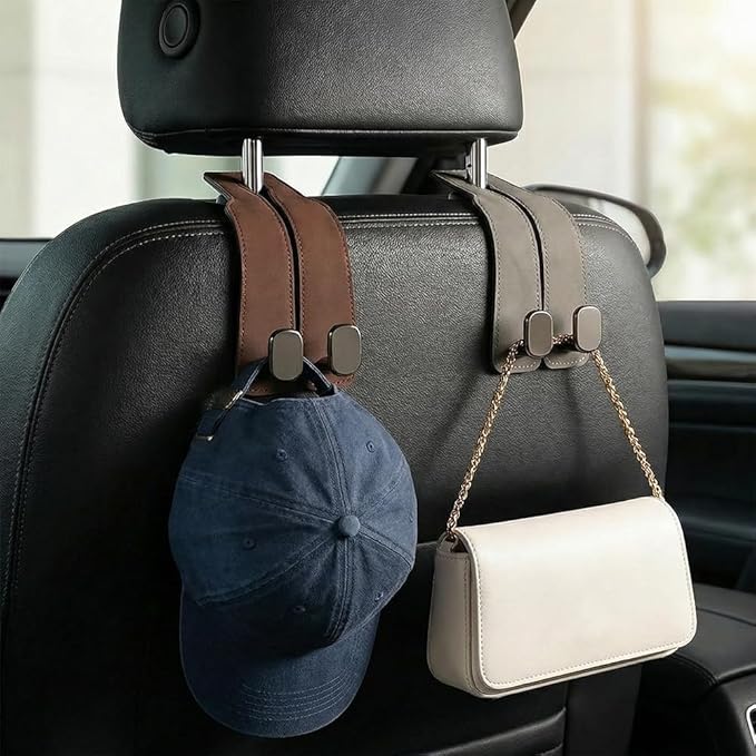 Car Seat Back Storage Hook, 2026 New Two Hook Fur Leather Seat Back Headrest Hanger Genuine Leather Double Metal Hook for Backseat Organizer, Car Organization Accessories (2, Gray)
