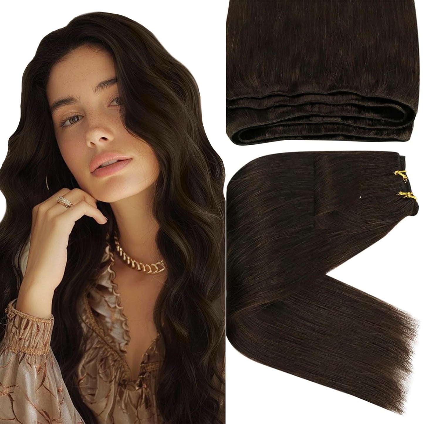 Sunny Hand Tied Weft Hair Extensions Human Hair Brown Real Hair Sew In Extensions Darkest Brown Weft Real Human Hair Extensions