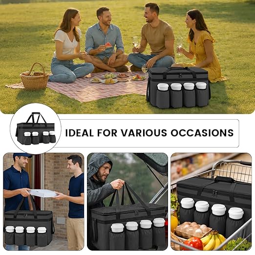 CIVJET Insulated Food Delivery Bag with 4 Cup Holder and Bottom Support, XX-Large Insulated Grocery Bags Keep Food Hot/Cold, Cooler Bags with Drink Carrier, Food Carrier Catering Bag for Events, Black