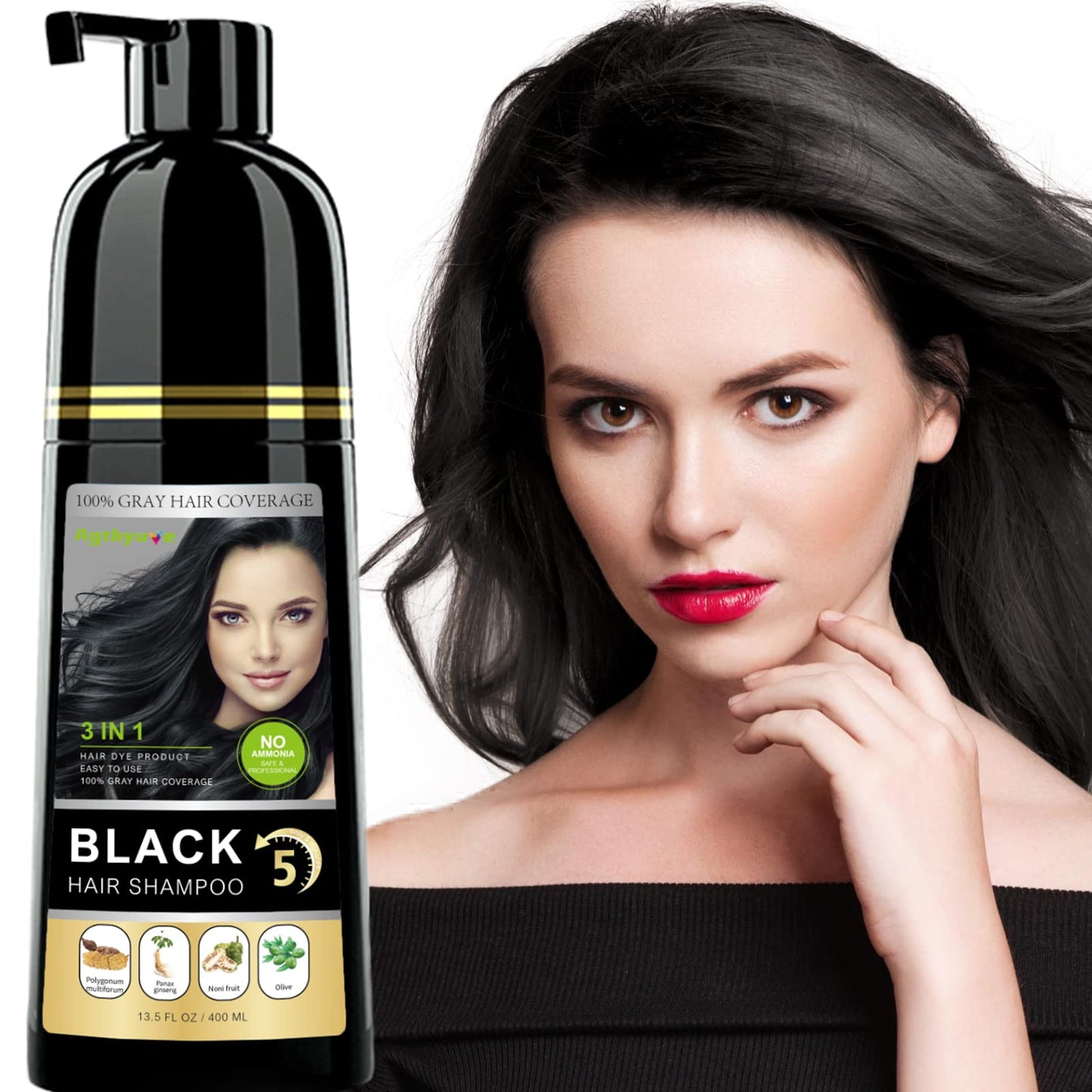 Instant Black Hair Shampoo, 3 In 1 Natural Black Hair Dye Shampoo With Herbs, Cover Greys Hair For Men & Women, Permanent Black