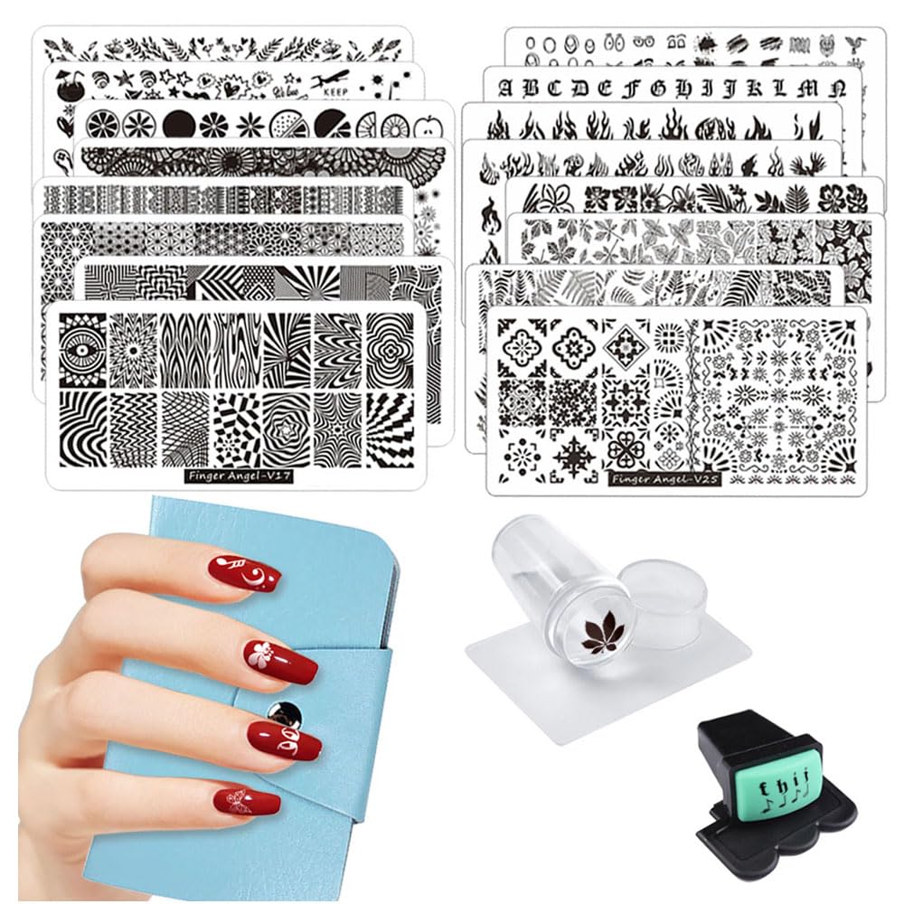 Fingerangel 21Pcs Nail Stamp Plate Set 16Pcs Mix Design Stamping Nail Art Plate + 2Nail Stamper + 2Scraper+1Pcs Case Nails Art S