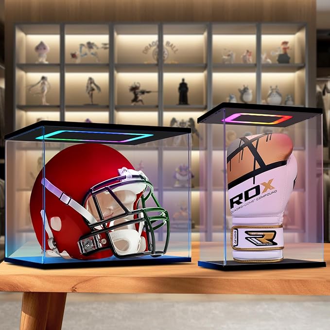 Boxing Glove Display Case with Light, Multiple Color Lights Dustproof Protection Boxing Glove Showcase for Collectibles Memorabilia Storage(8.6×7.9×13inch)